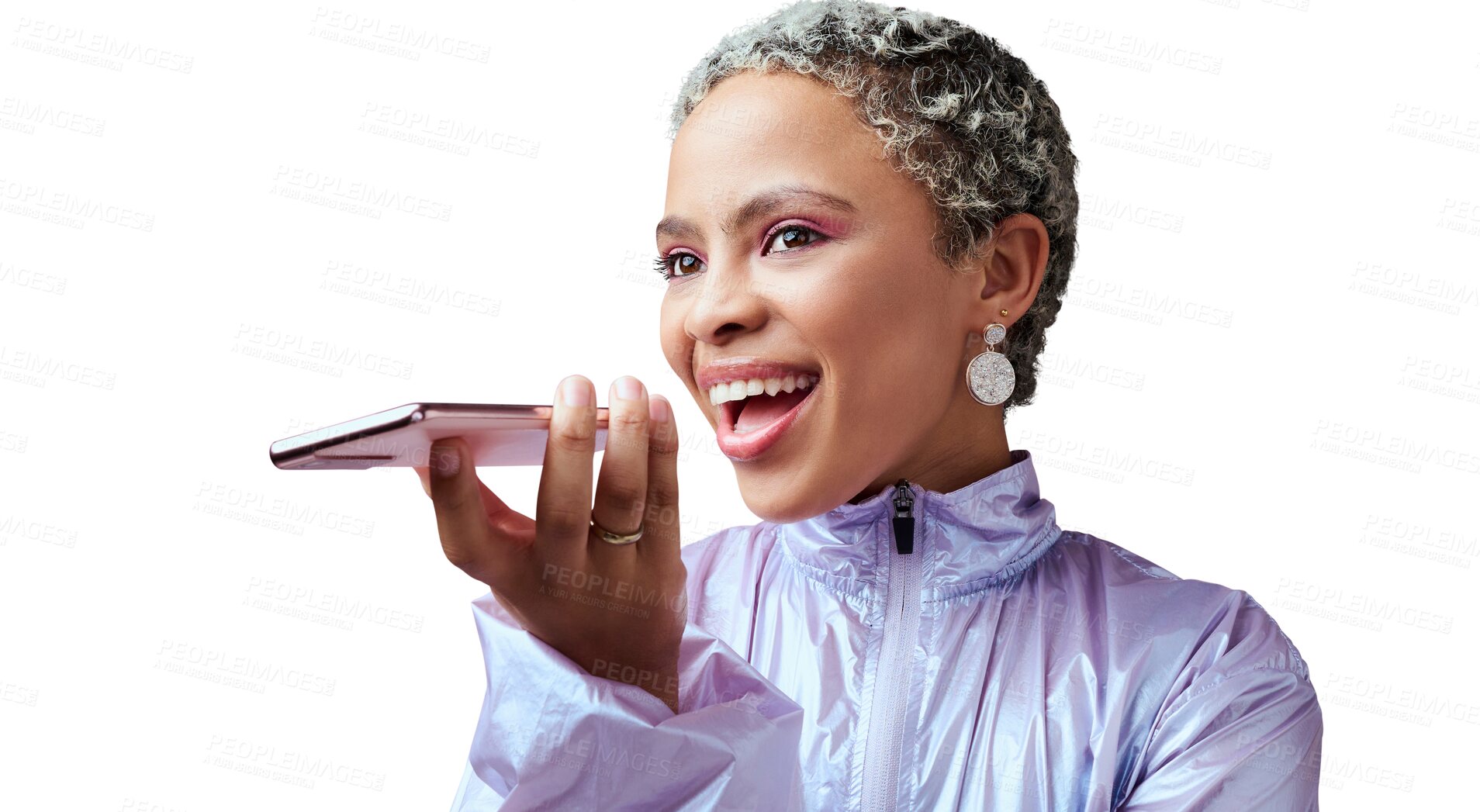 Buy stock photo Woman, talking and phone call with speaker for sound, fashion news and isolated on transparent png background. Happy african model, gen z style and mobile communication with microphone for audio chat