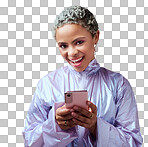 Happy black woman, smile and phone for communication advertising, texting and social media on a studio background. Portrait of a isolated African American female chatting on 5G mobile smartphone