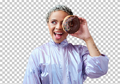 Fashion, donut and black woman excited and happy about dessert with futuristic vaporwave or holographic style clothing against purple background. Face of a happy female model looking cool and trendy