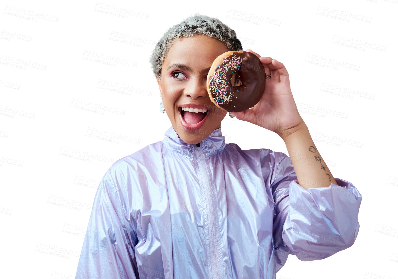 Buy stock photo Fashion, donut and black woman excited, happy and model isolated on a transparent background. Smile, female person and girl with a sugar treat, dessert and trendy clothes with png, snack and sweet