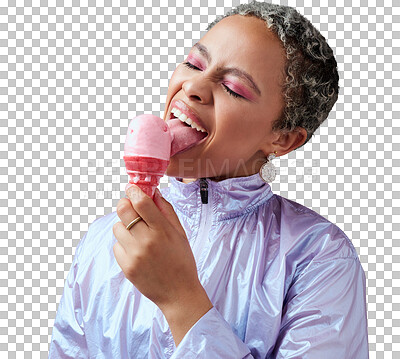 Ice cream, summer dessert and woman with smile while eating against a pink mockup studio background. Crazy, funky and cool African girl model with sweet food and candy cone with mock up space
