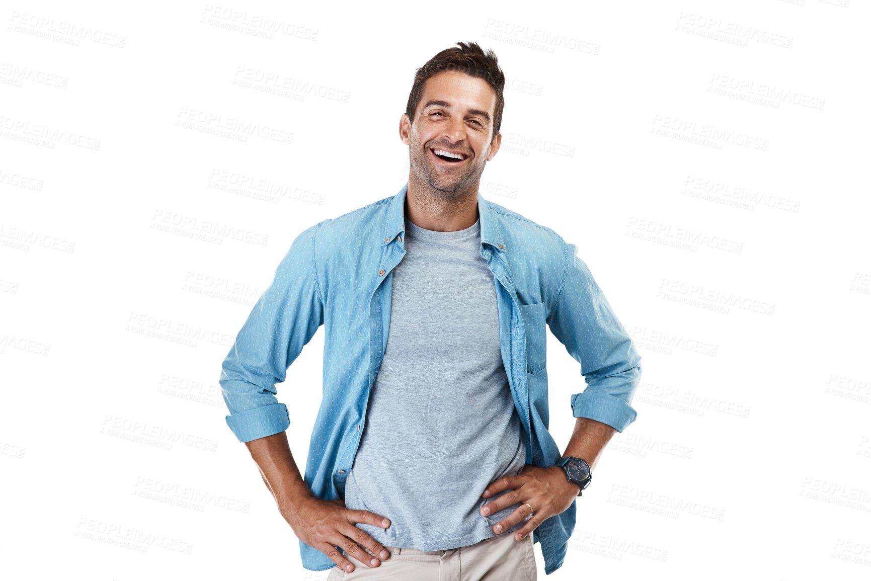 Buy stock photo Portrait, smile and man with casual outfit, funny and model isolated on a transparent background. Male person, Canada and guy with happiness, laughing and cheerful with png, joyful and fashion