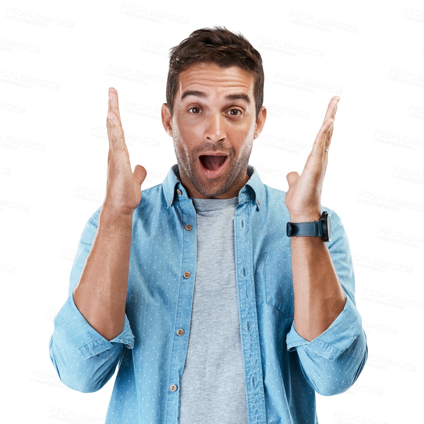 Buy stock photo Portrait, surprise and man with announcement, secret and model isolated on a transparent background. Face, person and guy shocked, winner and expression with png, information and emoji with gossip