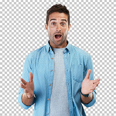 Buy stock photo Portrait, surprise and man with wow, achievement and model isolated on a transparent background. Face, person and winner shocked, news and png with information, emoji and omg with announcement