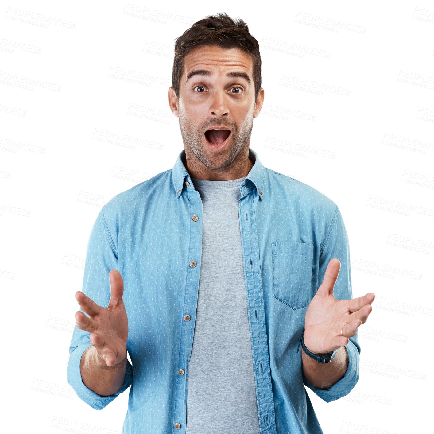 Buy stock photo Portrait, surprise and man with wow, achievement and model isolated on a transparent background. Face, person and winner shocked, news and png with information, emoji and omg with announcement