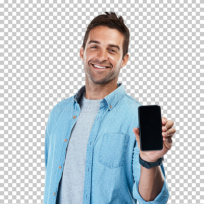 Buy stock photo Portrait, screen and man with a smartphone, smile and model isolated on a transparent background. Advertising, app and male person with a cellphone, social media and connection with network and png