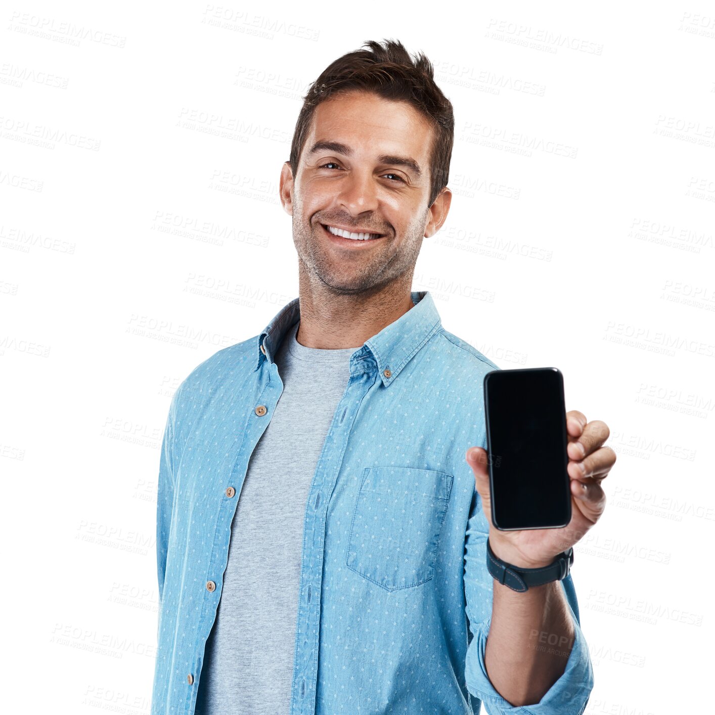 Buy stock photo Portrait, screen and man with a smartphone, smile and model isolated on a transparent background. Advertising, app and male person with a cellphone, social media and connection with network and png