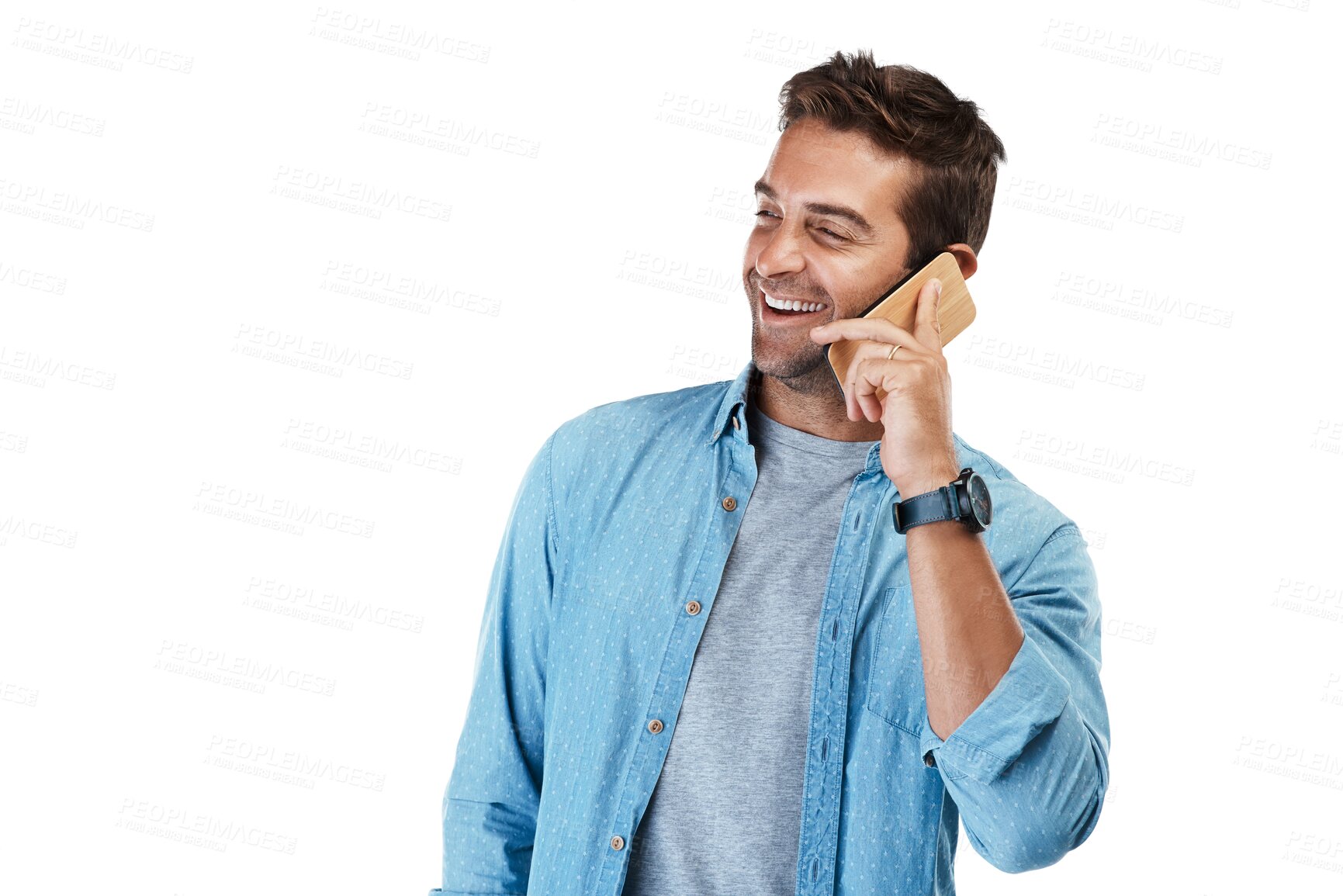 Buy stock photo Network, phone call and man with a smile, conversation and model isolated on a transparent background. Internet, cellphone and guy with happiness, communication and contact with png and connection