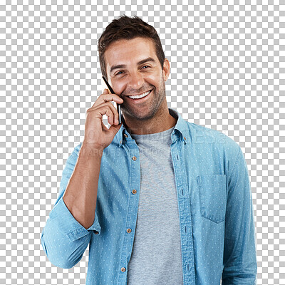 Buy stock photo Portrait, phone call and man with a smile, conversation and model isolated on a transparent background. Network, smartphone and guy with happiness, communication and contact with png and connection