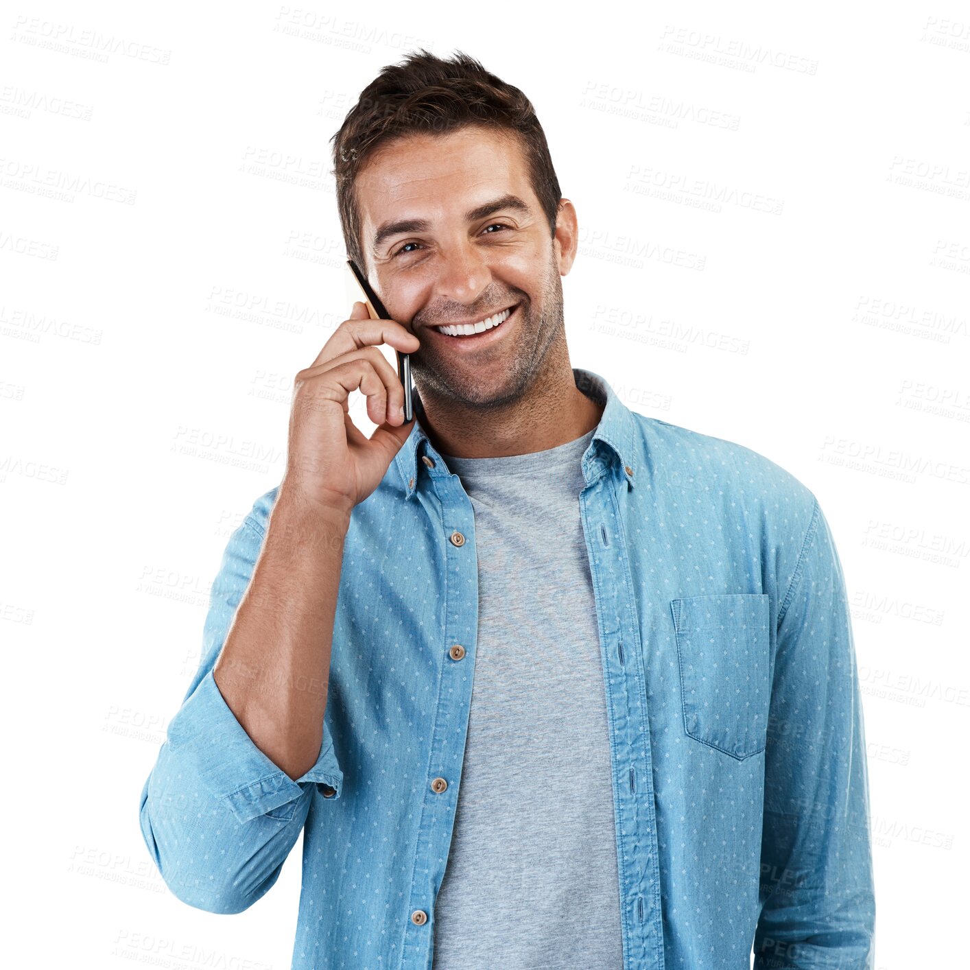 Buy stock photo Portrait, phone call and man with a smile, conversation and model isolated on a transparent background. Network, smartphone and guy with happiness, communication and contact with png and connection