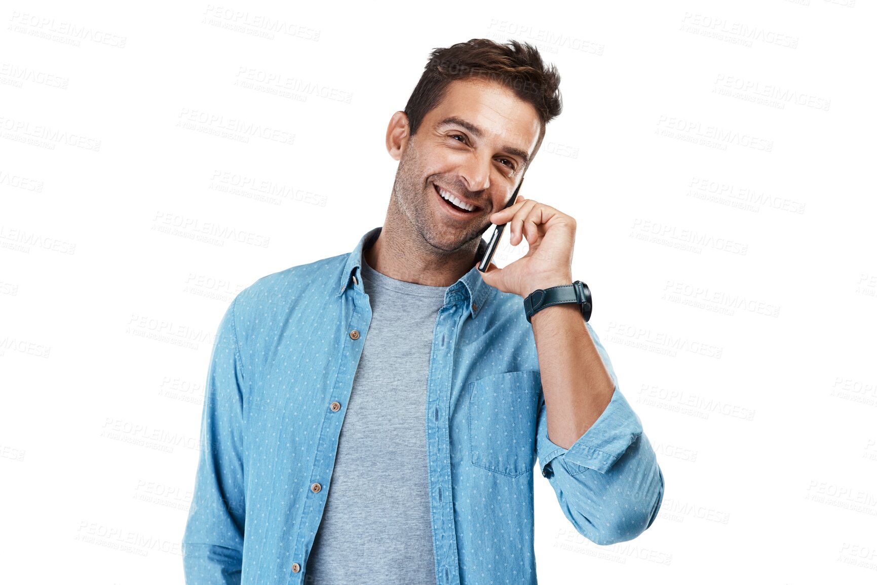 Buy stock photo Conversation, phone call and man with a smile, network and model isolated on a transparent background. Mobile, smartphone and guy with happiness, communication and contact with png and connection
