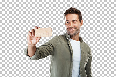 Buy stock photo Selfie, man and smile with profile picture for social media with casual and modern style. Happy, model and male person from New York with photograph isolated on a transparent, png background