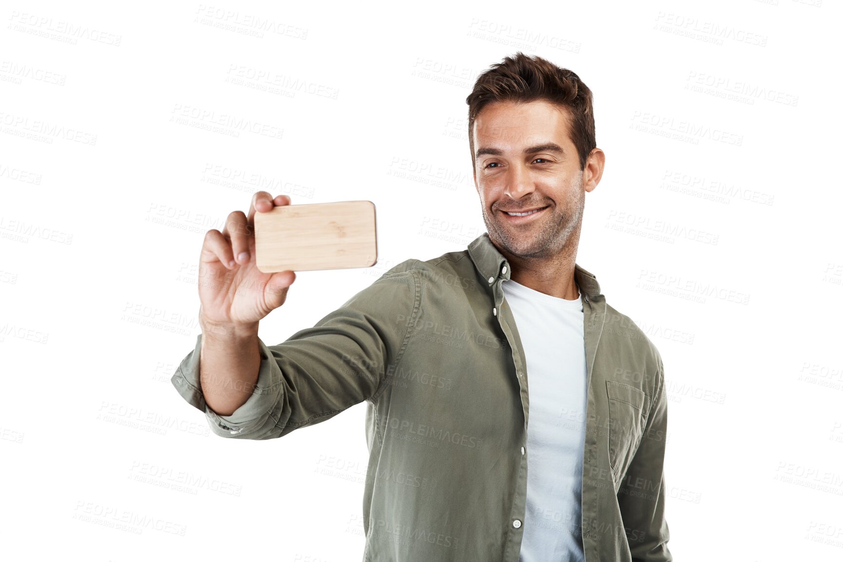 Buy stock photo Selfie, man and smile with profile picture for social media with casual and modern style. Happy, model and male person from New York with photograph isolated on a transparent, png background