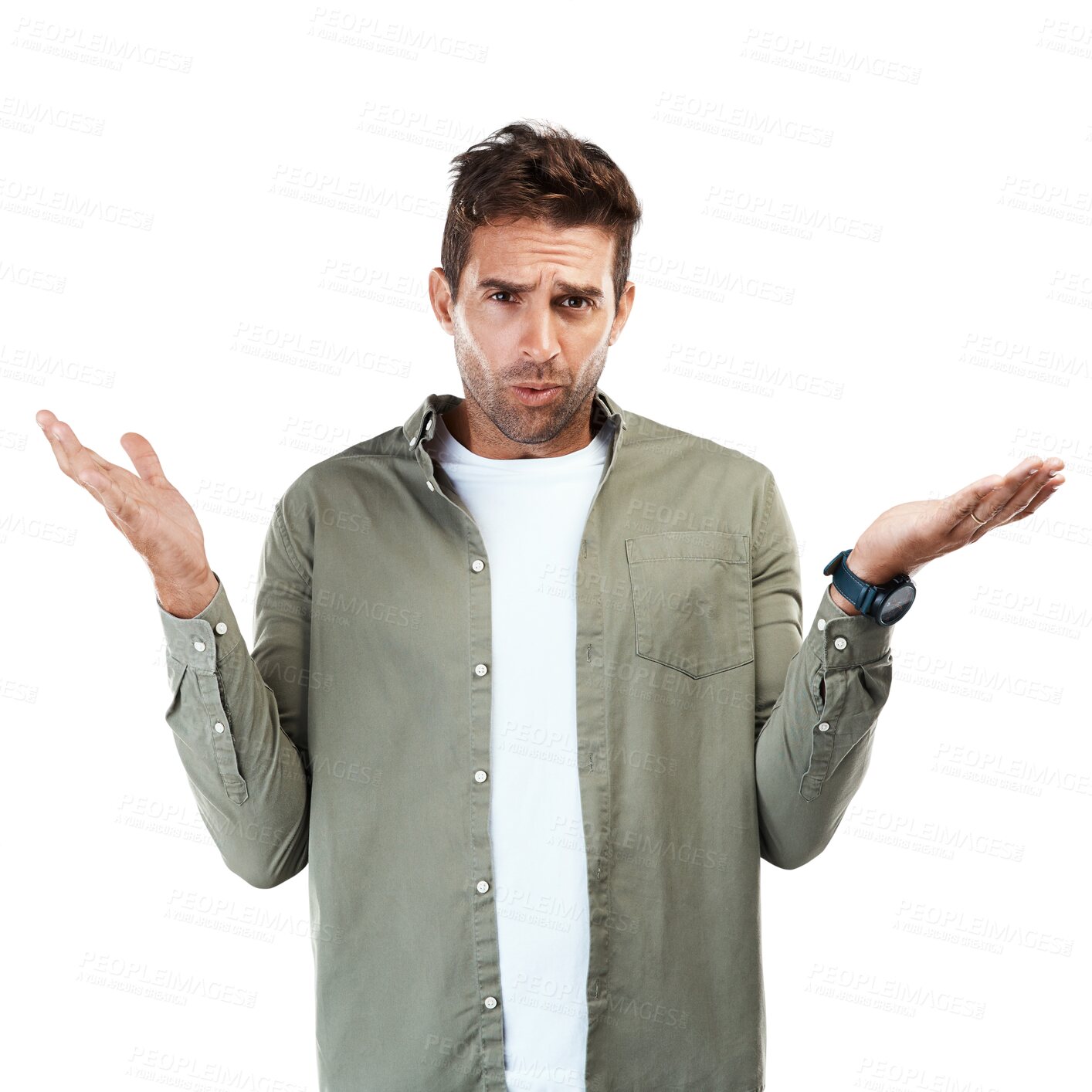 Buy stock photo Portrait, shrug and man with doubt, confused and model isolated on a transparent background. Expression, male person and guy with questions, emoji and uncertain with png, review and decision