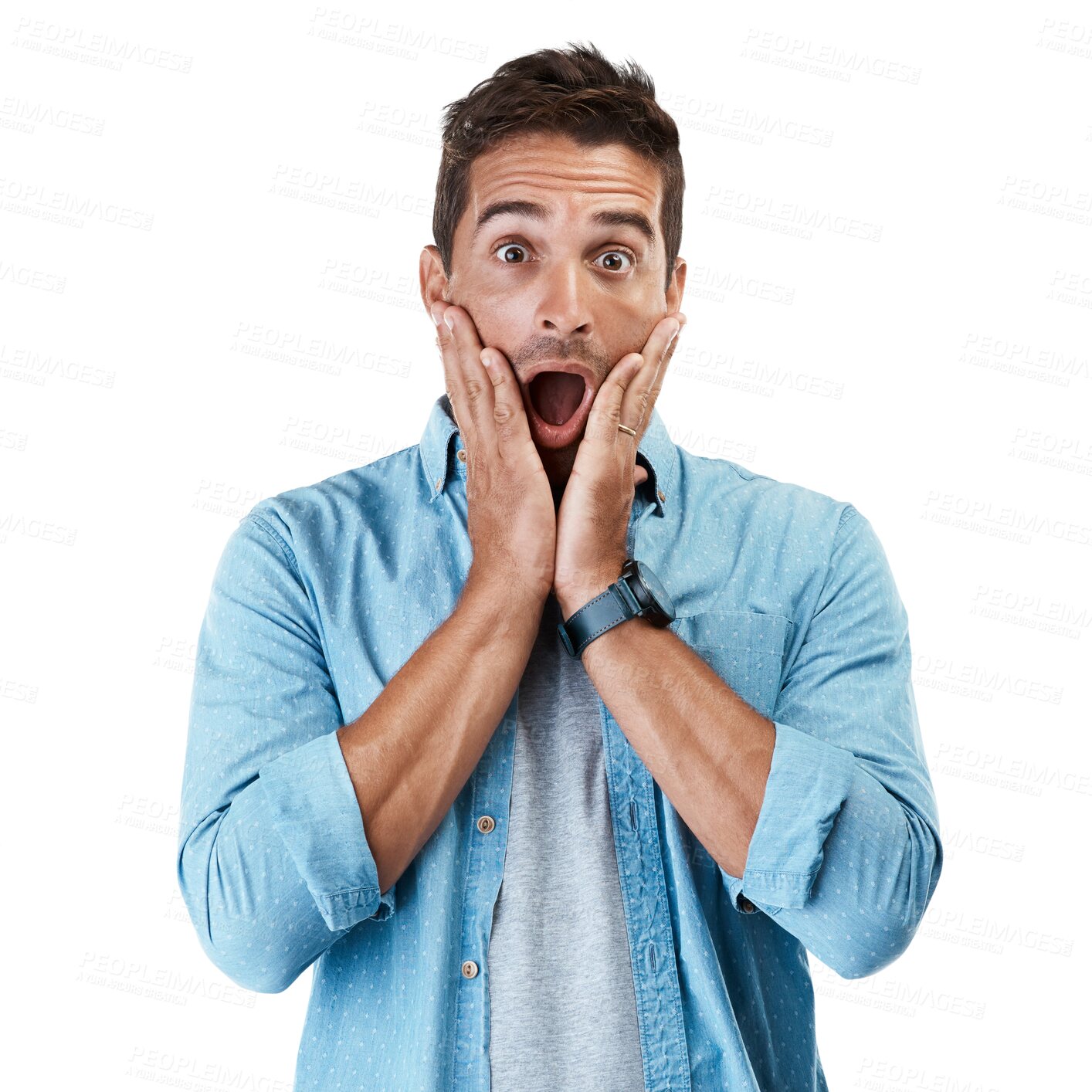 Buy stock photo Portrait, surprise or man with announcement, shocked or model isolated on transparent background. Face, person or winner with gossip, wow or winning with png, information or emoji with achievement