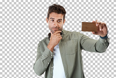 Buy stock photo Selfie, man pose and smile with profile picture for social media with casual and modern style. Happy, model and male person from New York with photograph isolated on a transparent, png background