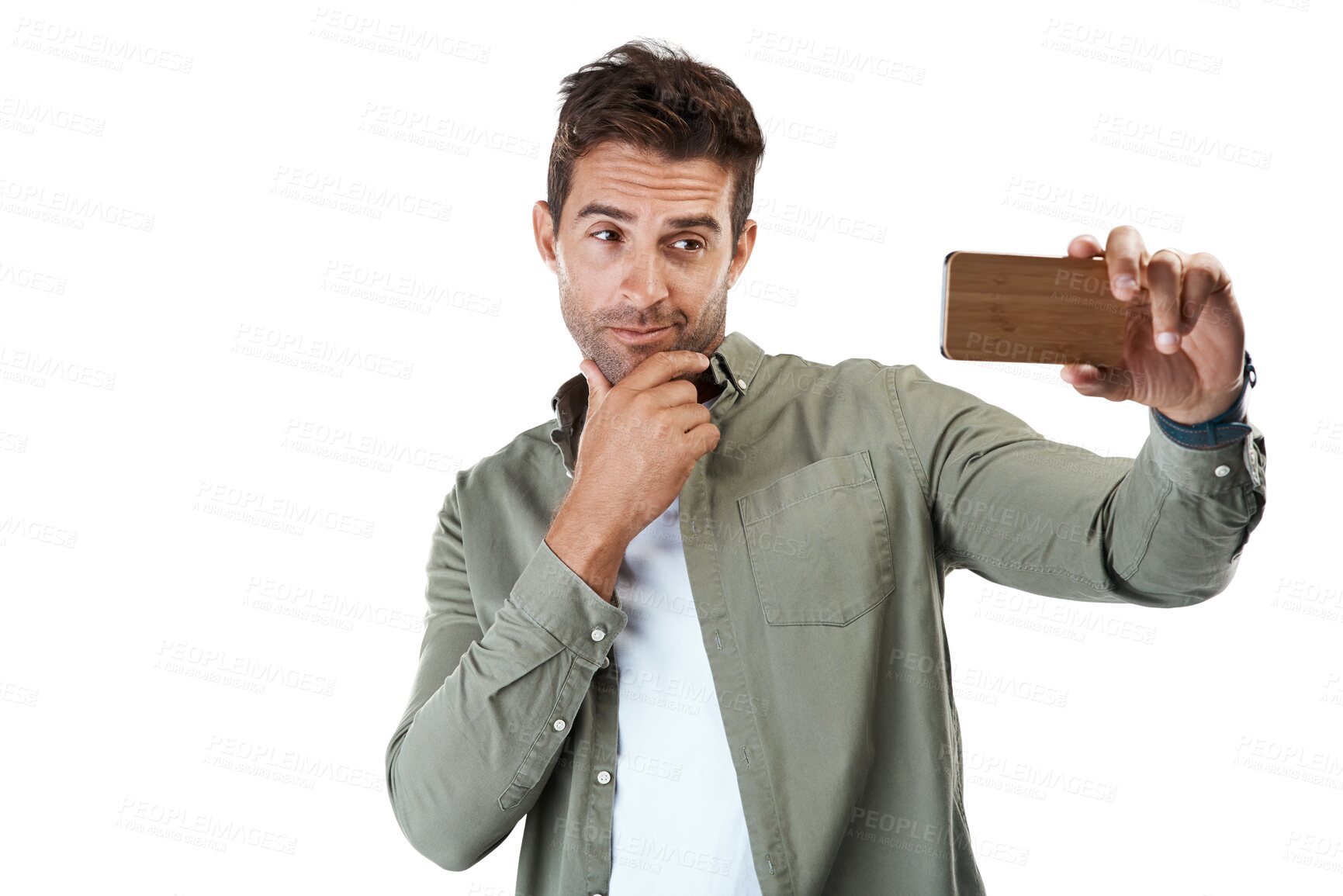 Buy stock photo Selfie, man pose and smile with profile picture for social media with casual and modern style. Happy, model and male person from New York with photograph isolated on a transparent, png background