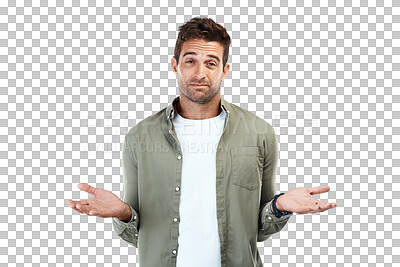 Buy stock photo Man, portrait and dont know hands isolated on transparent png background for choice, solution and decision doubt. Person face, confused and questions gesture with why, emoji and wondering in shrug