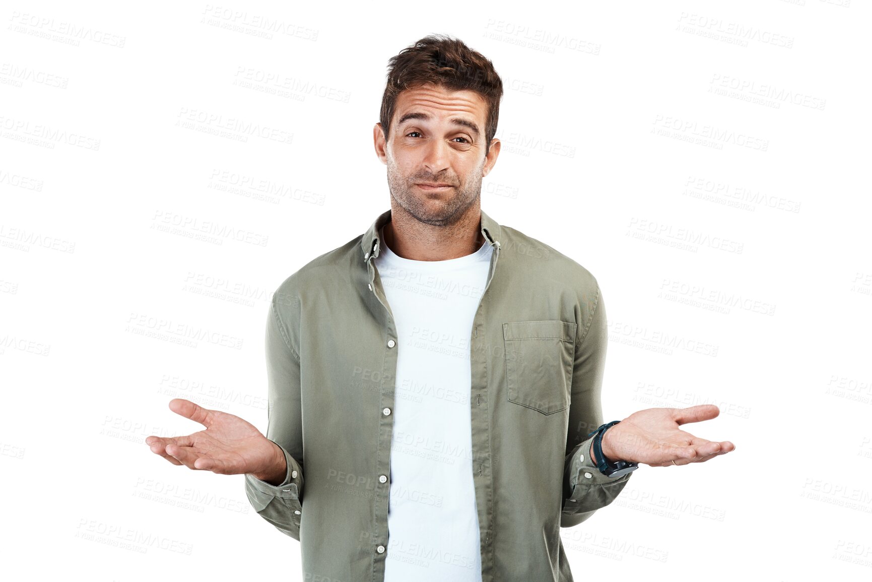 Buy stock photo Man, portrait and dont know hands isolated on transparent png background for choice, solution and decision doubt. Person face, confused and questions gesture with why, emoji and wondering in shrug