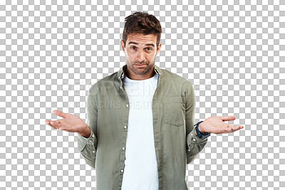 Buy stock photo Person, portrait and dont know hands isolated on transparent png background for choice, solution and decision doubt. Man face, confused and questions gesture with why, emoji and wondering in shrug