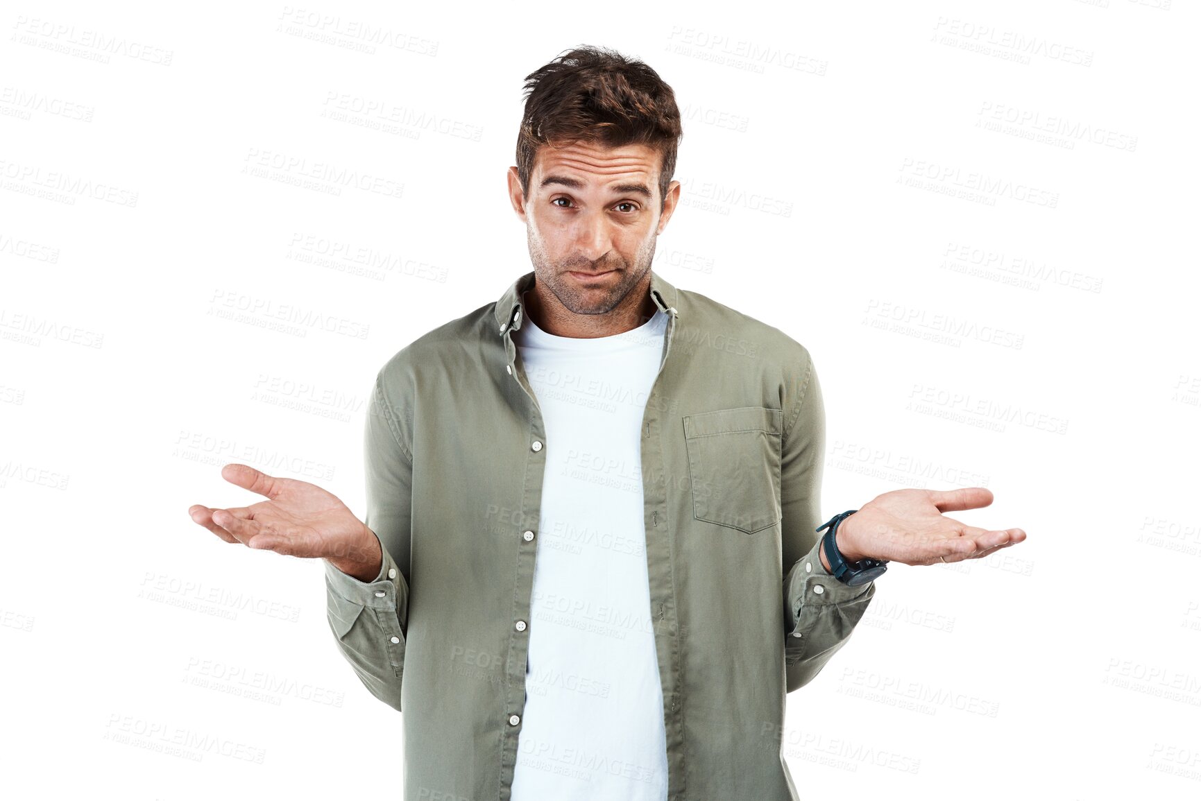 Buy stock photo Person, portrait and dont know hands isolated on transparent png background for choice, solution and decision doubt. Man face, confused and questions gesture with why, emoji and wondering in shrug