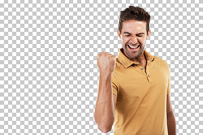 Buy stock photo Excited, winning and man with celebration and fist for motivation and success sign. Male person, happy and smile from achievement cheer and winner victory isolated on a transparent, png background