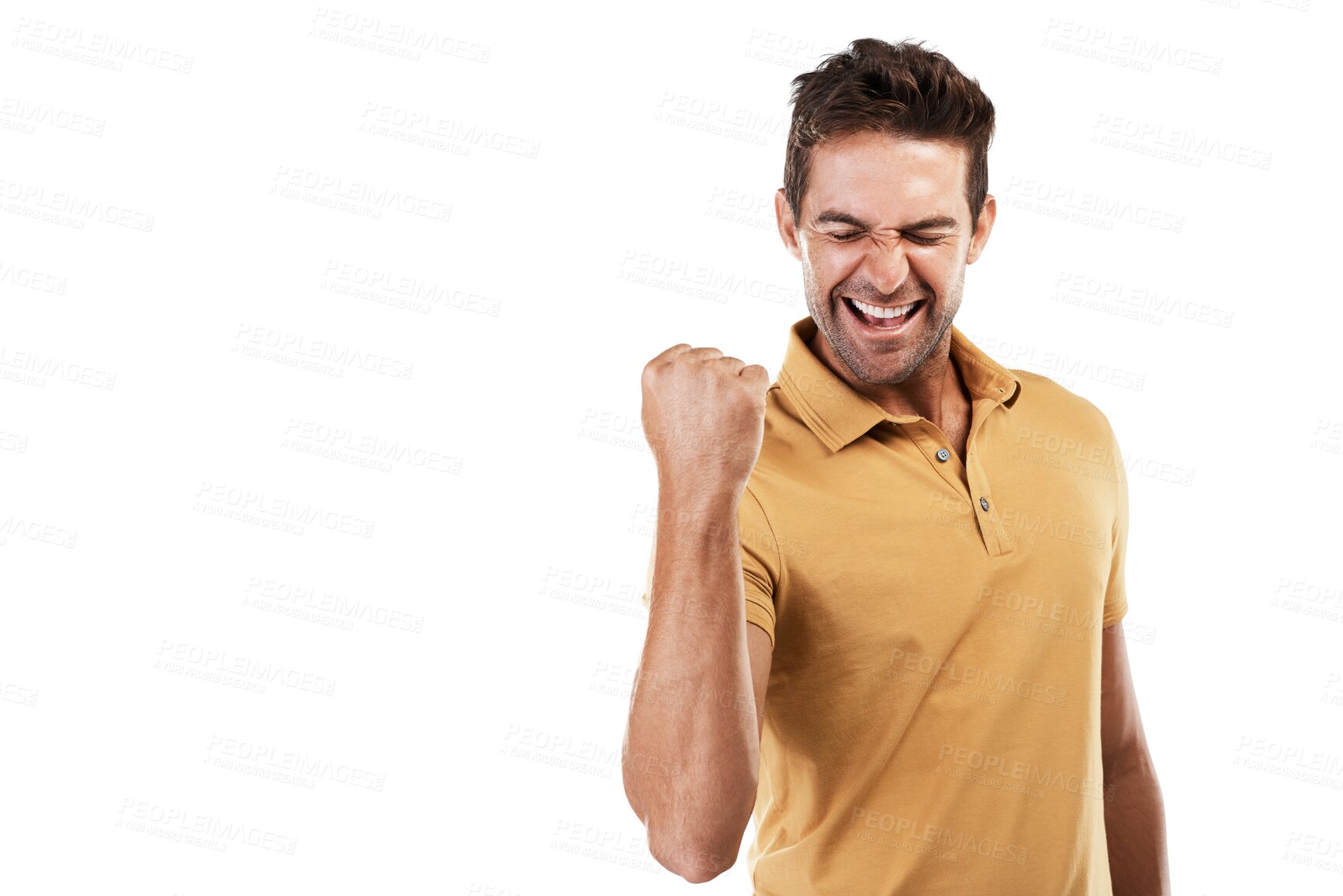 Buy stock photo Excited, winning and man with celebration and fist for motivation and success sign. Male person, happy and smile from achievement cheer and winner victory isolated on a transparent, png background