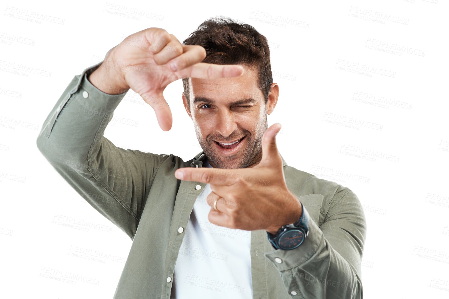 Buy stock photo Man, portrait and hands frame for photography, profile picture and winking on isolated, transparent and png background. Face, smile and happy creative photographer with perspective fingers in border