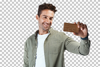 Buy stock photo Selfie, happy man and smile with profile picture for social media with casual and modern style. Video call and male person from New York with photograph isolated on a transparent, png background