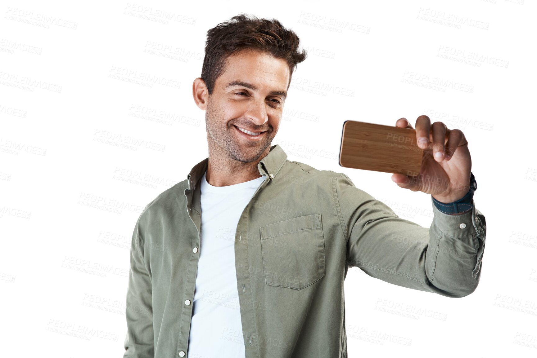 Buy stock photo Selfie, happy man and smile with profile picture for social media with casual and modern style. Video call and male person from New York with photograph isolated on a transparent, png background