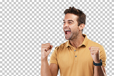 Buy stock photo Yes, winning and man with bonus celebration and fist for motivation and competition success. Male person, happy and excited from achievement cheer and winner isolated on a transparent, png background