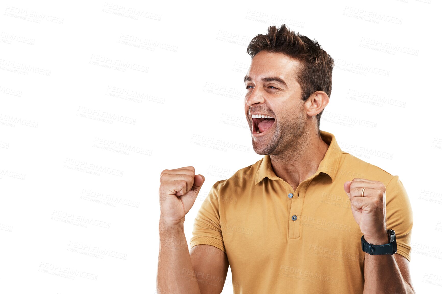 Buy stock photo Yes, winning and man with bonus celebration and fist for motivation and competition success. Male person, happy and excited from achievement cheer and winner isolated on a transparent, png background