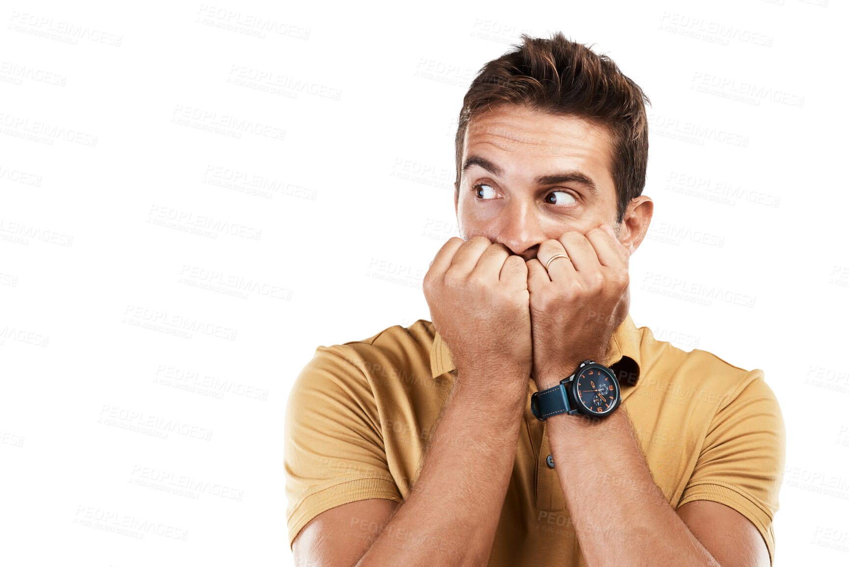 Buy stock photo Man, face and scared with hands on mouth for anxiety, fear and nervous stress on isolated, transparent or png background. Worried model, emoji or biting nails for bad news, mistake and terror crisis