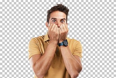 Buy stock photo Man, portrait and scared with hands on mouth in anxiety, fear or nervous stress on isolated, transparent or png background. Worried model, emoji or biting nails for bad news, mistake or terror crisis