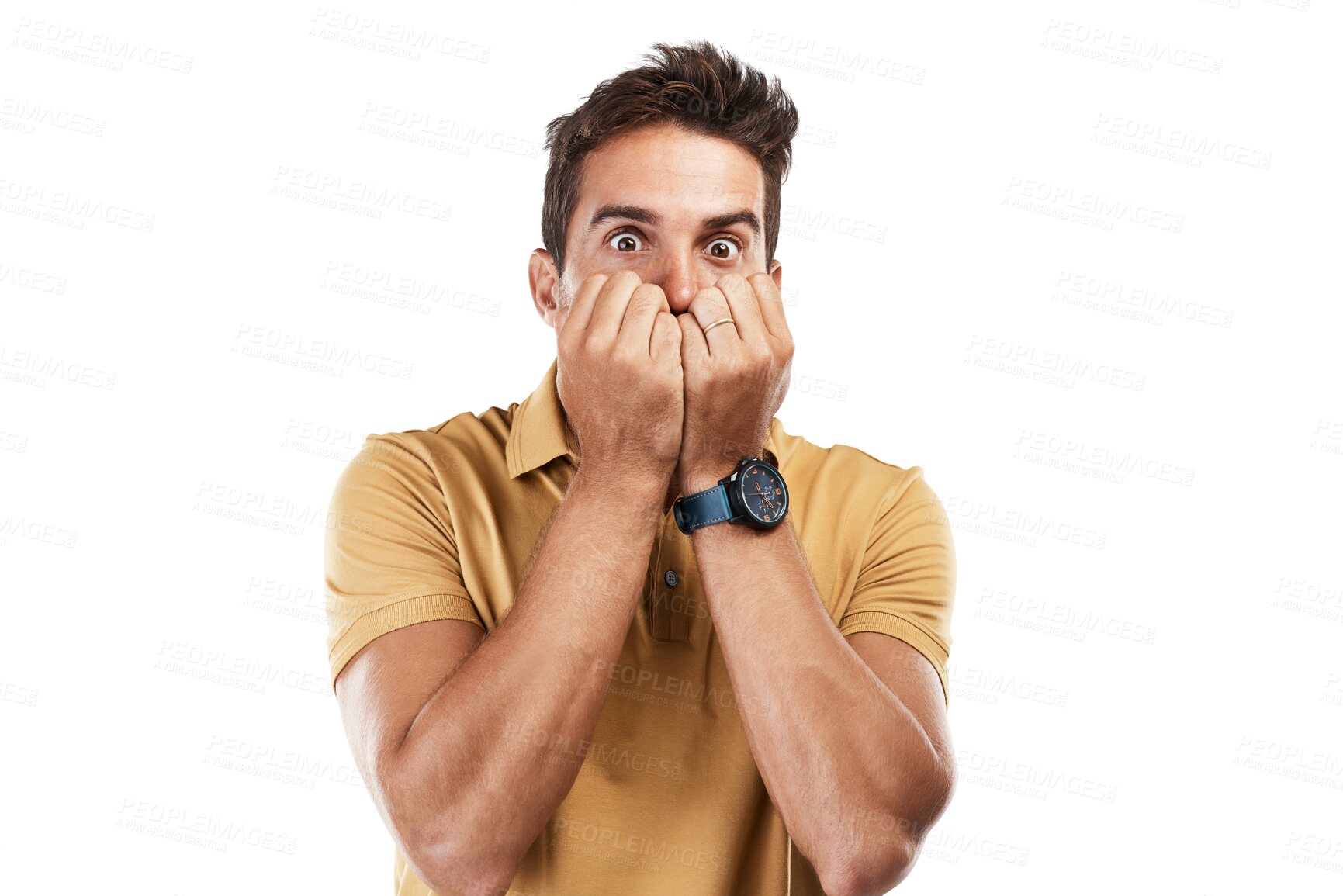 Buy stock photo Man, portrait and scared with hands on mouth in anxiety, fear or nervous stress on isolated, transparent or png background. Worried model, emoji or biting nails for bad news, mistake or terror crisis