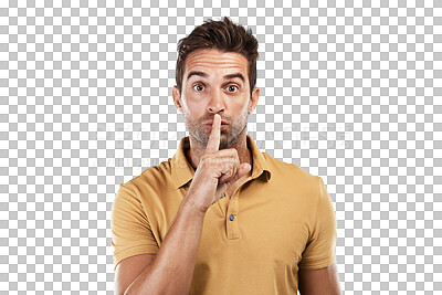 Buy stock photo Man, portrait and finger on lips for secret, quiet and gossip news on isolated, transparent and png background. Model, face and privacy emoji in hands on mouth for noise control, whisper and silence