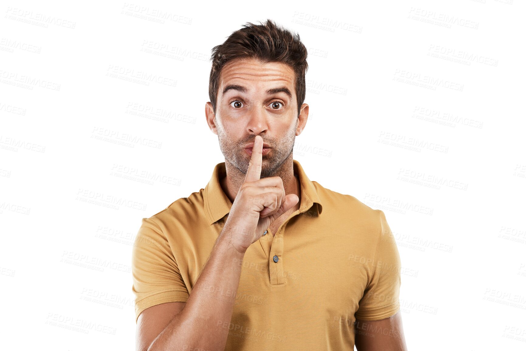 Buy stock photo Man, portrait and finger on lips for secret, quiet and gossip news on isolated, transparent and png background. Model, face and privacy emoji in hands on mouth for noise control, whisper and silence