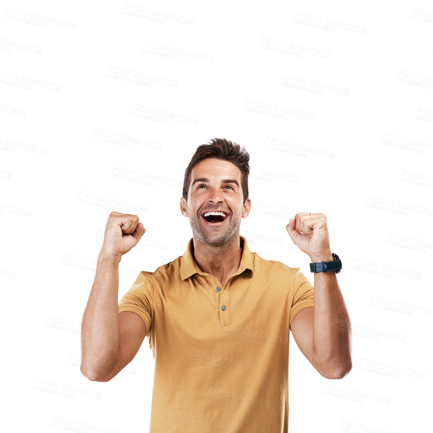 Buy stock photo Excited, winner and man with celebration and fist for motivation and success sign. Male person, happy and smile from achievement cheer and winning victory isolated on a transparent, png background