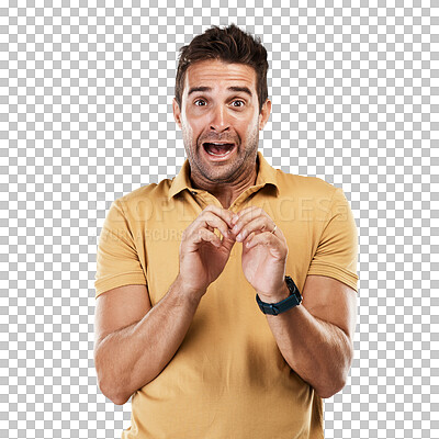 Buy stock photo Portrait, scared and shocked man for fear, fail and crisis anxiety drama isolated on transparent png background. Worried model, stress and person face with mistake bad news, horror and terror emoji