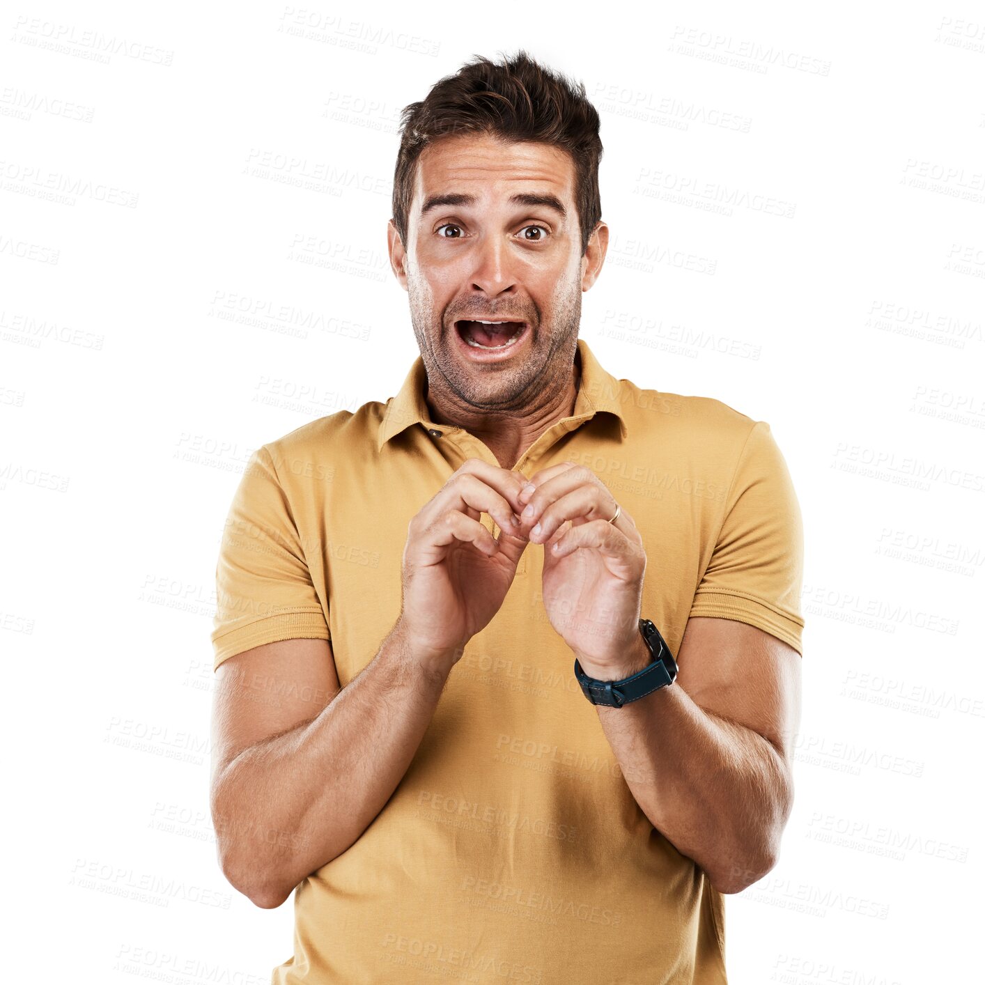 Buy stock photo Portrait, scared and shocked man for fear, fail and crisis anxiety drama isolated on transparent png background. Worried model, stress and person face with mistake bad news, horror and terror emoji