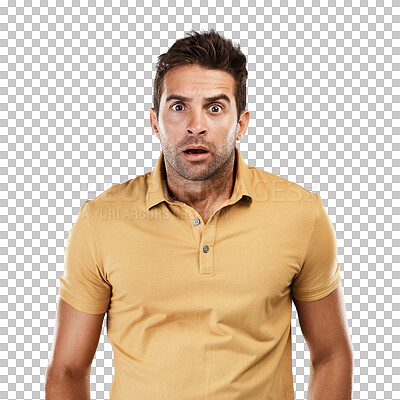 Buy stock photo Portrait, shocked and scared face for man with anxiety, alarm and worry on isolated, transparent and png background. Surprised person, fear and wtf emoji for bad news, gossip and drama announcement