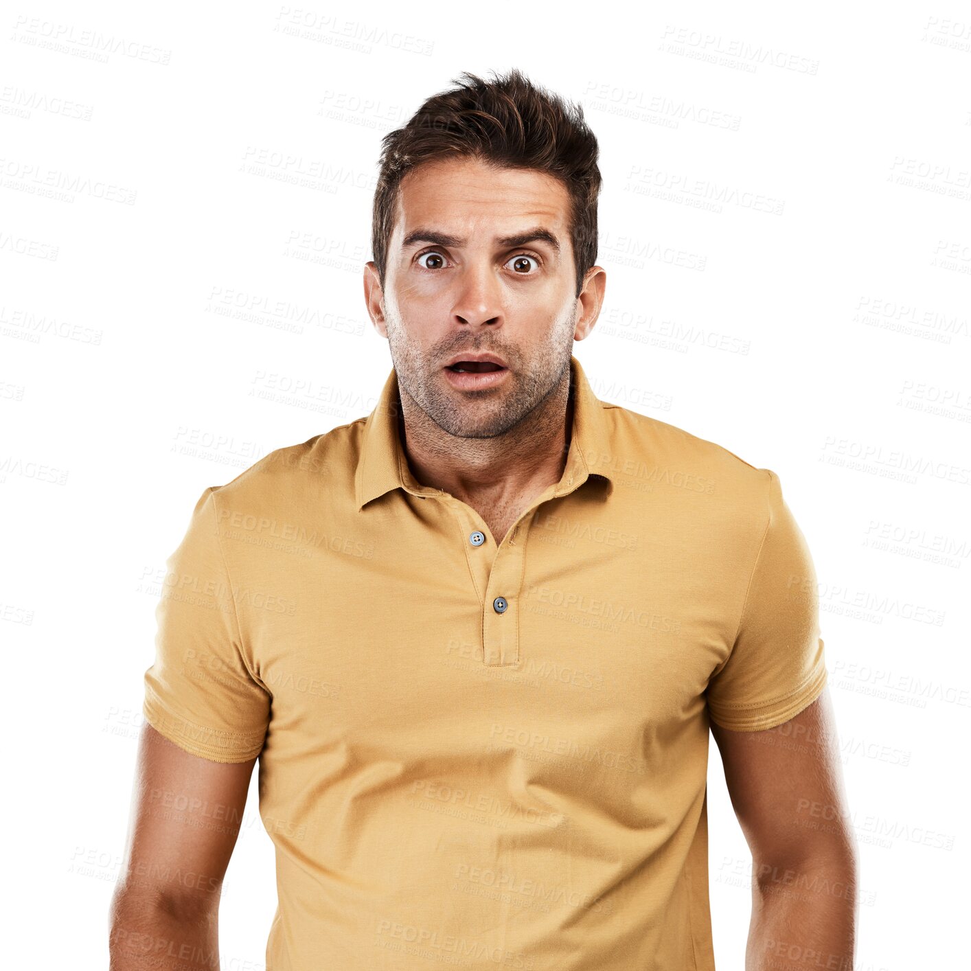 Buy stock photo Portrait, shocked and scared face for man with anxiety, alarm and worry on isolated, transparent and png background. Surprised person, fear and wtf emoji for bad news, gossip and drama announcement