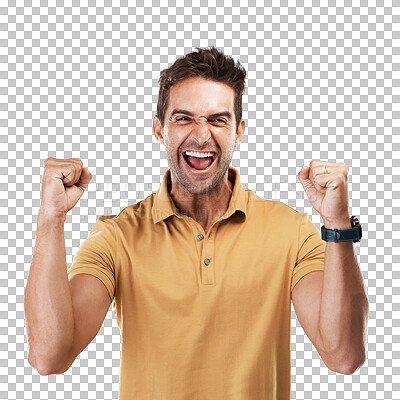 Buy stock photo Excited, yes portrait and man with celebration and fist for motivation and success from bonus. Male person, happy and smile from achievement cheer and winner isolated on a transparent, png background