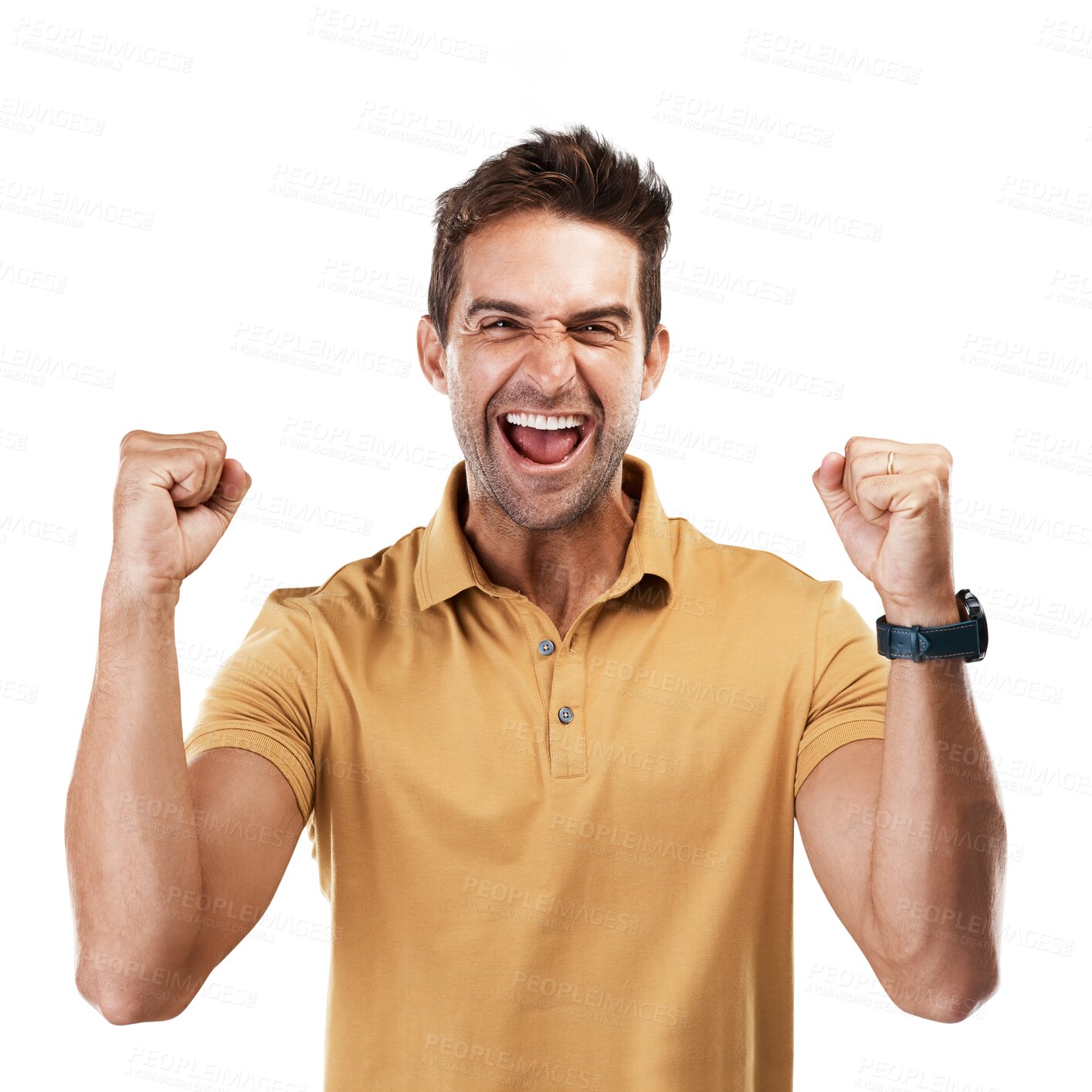 Buy stock photo Excited, yes portrait and man with celebration and fist for motivation and success from bonus. Male person, happy and smile from achievement cheer and winner isolated on a transparent, png background