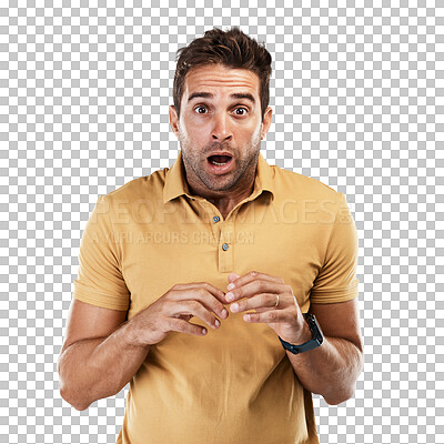 Buy stock photo Portrait, anxiety and scared face for man with fear, worry and alarm crisis on isolated, transparent and png background. Person, mistake and omg emoji for bad news, horror or terror stress for danger