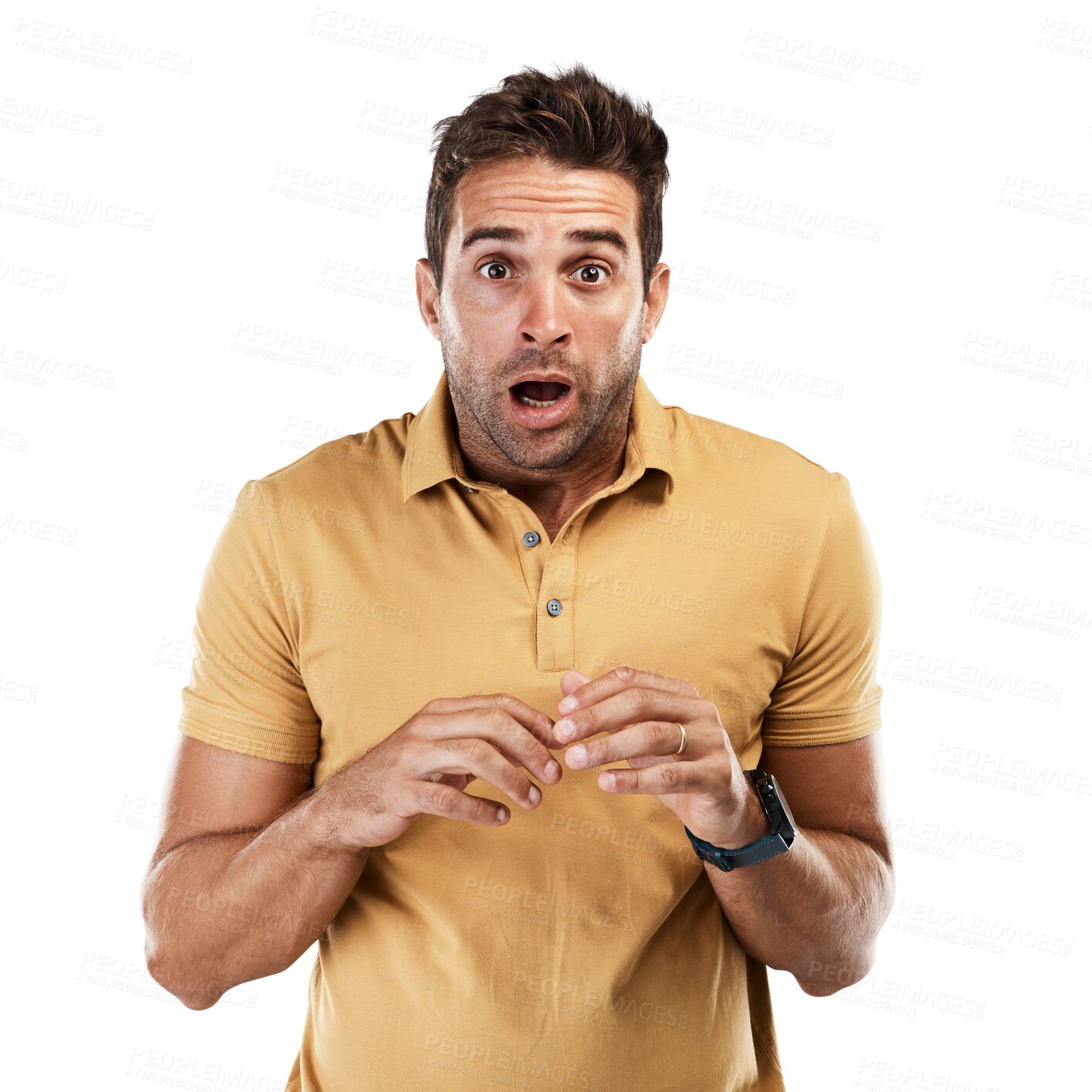 Buy stock photo Portrait, anxiety and scared face for man with fear, worry and alarm crisis on isolated, transparent and png background. Person, mistake and omg emoji for bad news, horror or terror stress for danger
