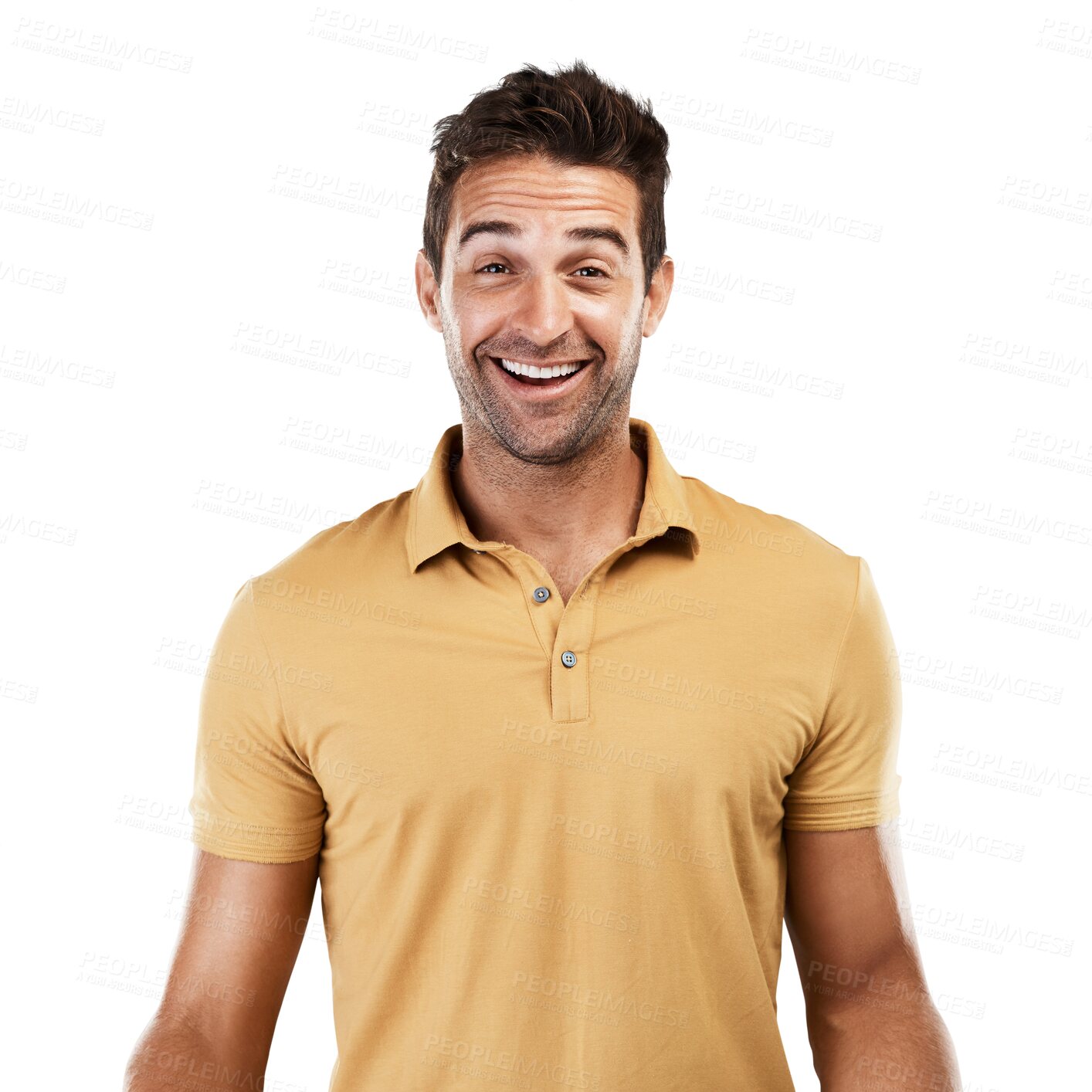 Buy stock photo Excited, confident and portrait of happy man with smile or joy laughing at a funny joke in Italy. Face, proud guy or carefree male person isolated on transparent png background with casual shirt