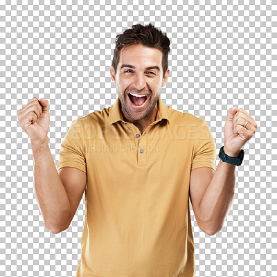 Buy stock photo Excited, winning yes and man portrait with celebration and fist for motivation and success sign. Male person, happy and smile from achievement yay and winner isolated on transparent, png background