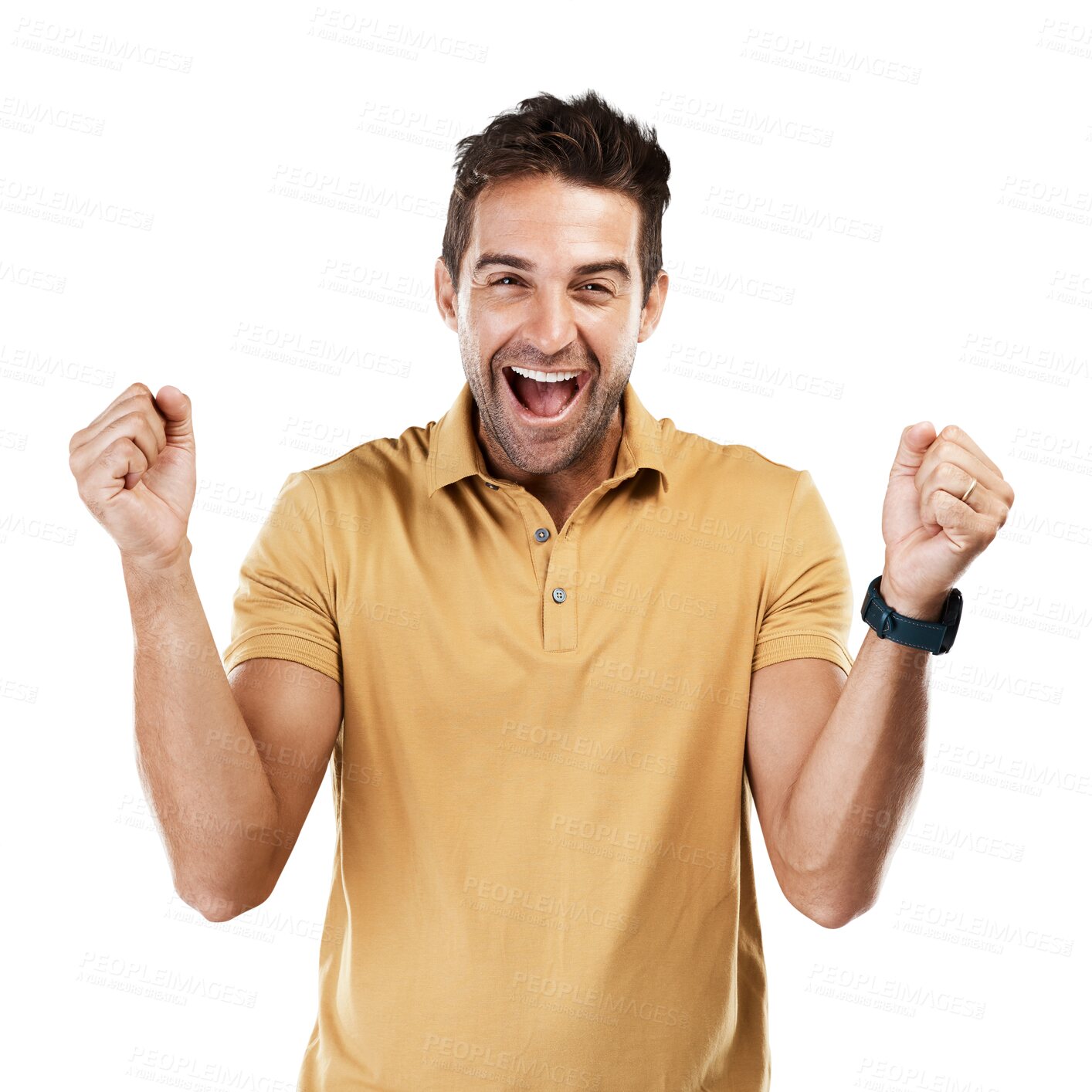 Buy stock photo Excited, winning yes and man portrait with celebration and fist for motivation and success sign. Male person, happy and smile from achievement yay and winner isolated on transparent, png background