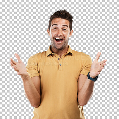 Buy stock photo Isolated man, open hands and smile in portrait with excited face, hug or welcome by transparent png background. Guy, male fashion model and happy with palm, yellow polo t-shirt and trendy clothes